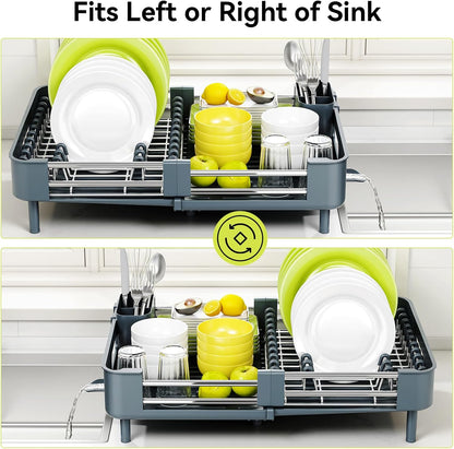 Extendable Stainless Dish Drying Rack for Kitchen Counter | 13.78"W x 18.7"L, Foldable Drainboard for Space Saving, Knife and Utensil Holder, Fast-draining Spout, Dark Slate Teal