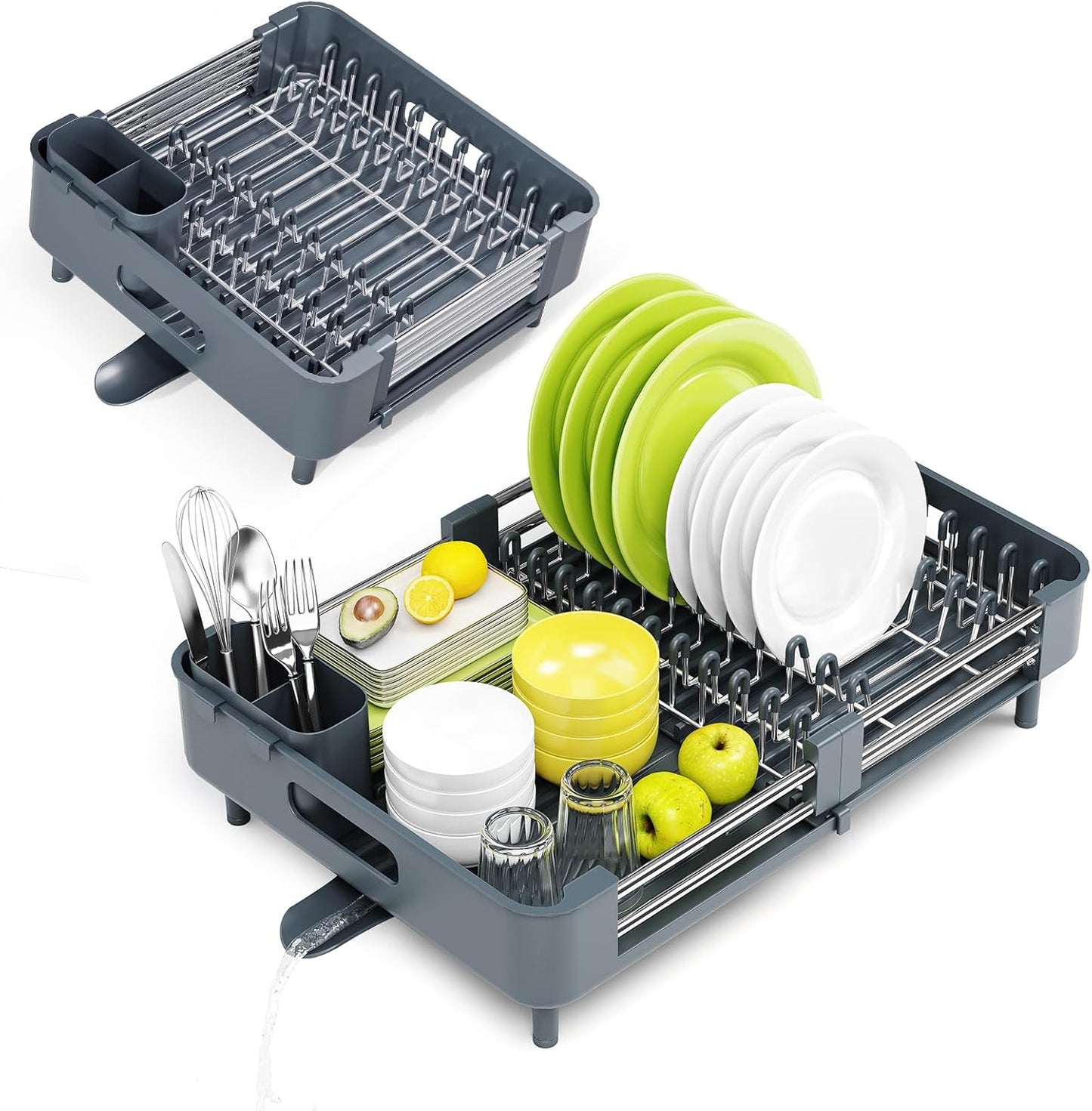 Extendable Stainless Dish Drying Rack for Kitchen Counter | 13.78"W x 18.7"L, Foldable Drainboard for Space Saving, Knife and Utensil Holder, Fast-draining Spout, Dark Slate Teal