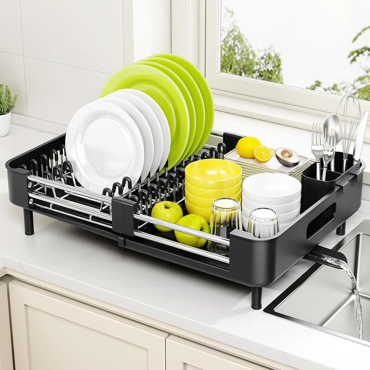 Extendable Stainless Dish Drying Rack for Kitchen Counter | 13.78"W x 18.7"L, Foldable Drainboard for Space Saving, Knife and Utensil Holder, Fast-draining Spout, Dark Slate Teal