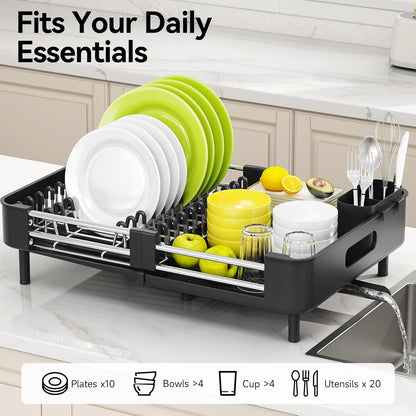 Extendable Stainless Dish Drying Rack for Kitchen Counter | 13.78"W x 18.7"L, Foldable Drainboard for Space Saving, Knife and Utensil Holder, Fast-draining Spout, Dark Slate Teal