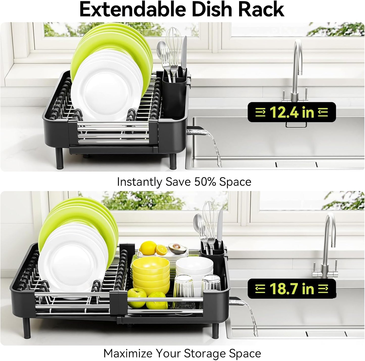 Extendable Stainless Dish Drying Rack for Kitchen Counter | 13.78"W x 18.7"L, Foldable Drainboard for Space Saving, Knife and Utensil Holder, Fast-draining Spout, Dark Slate Teal