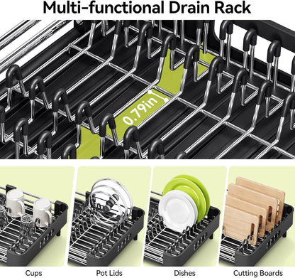 Extendable Stainless Dish Drying Rack for Kitchen Counter | 13.78"W x 18.7"L, Foldable Drainboard for Space Saving, Knife and Utensil Holder, Fast-draining Spout, Dark Slate Teal