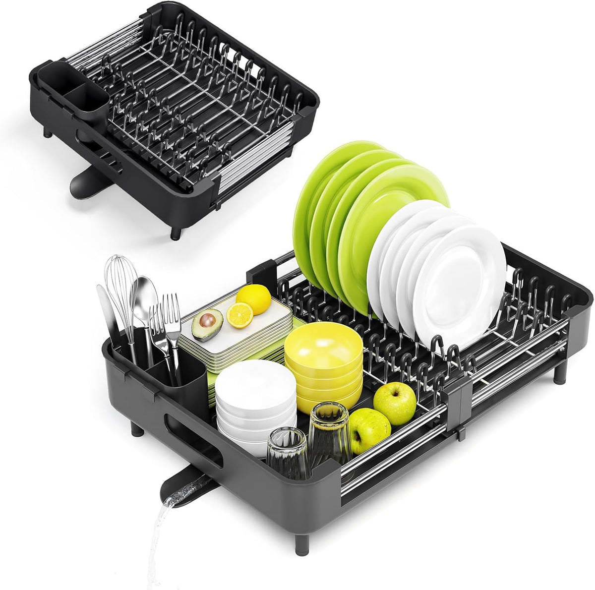 Extendable Stainless Dish Drying Rack for Kitchen Counter | 13.78"W x 18.7"L, Foldable Drainboard for Space Saving, Knife and Utensil Holder, Fast-draining Spout, Dark Slate Teal