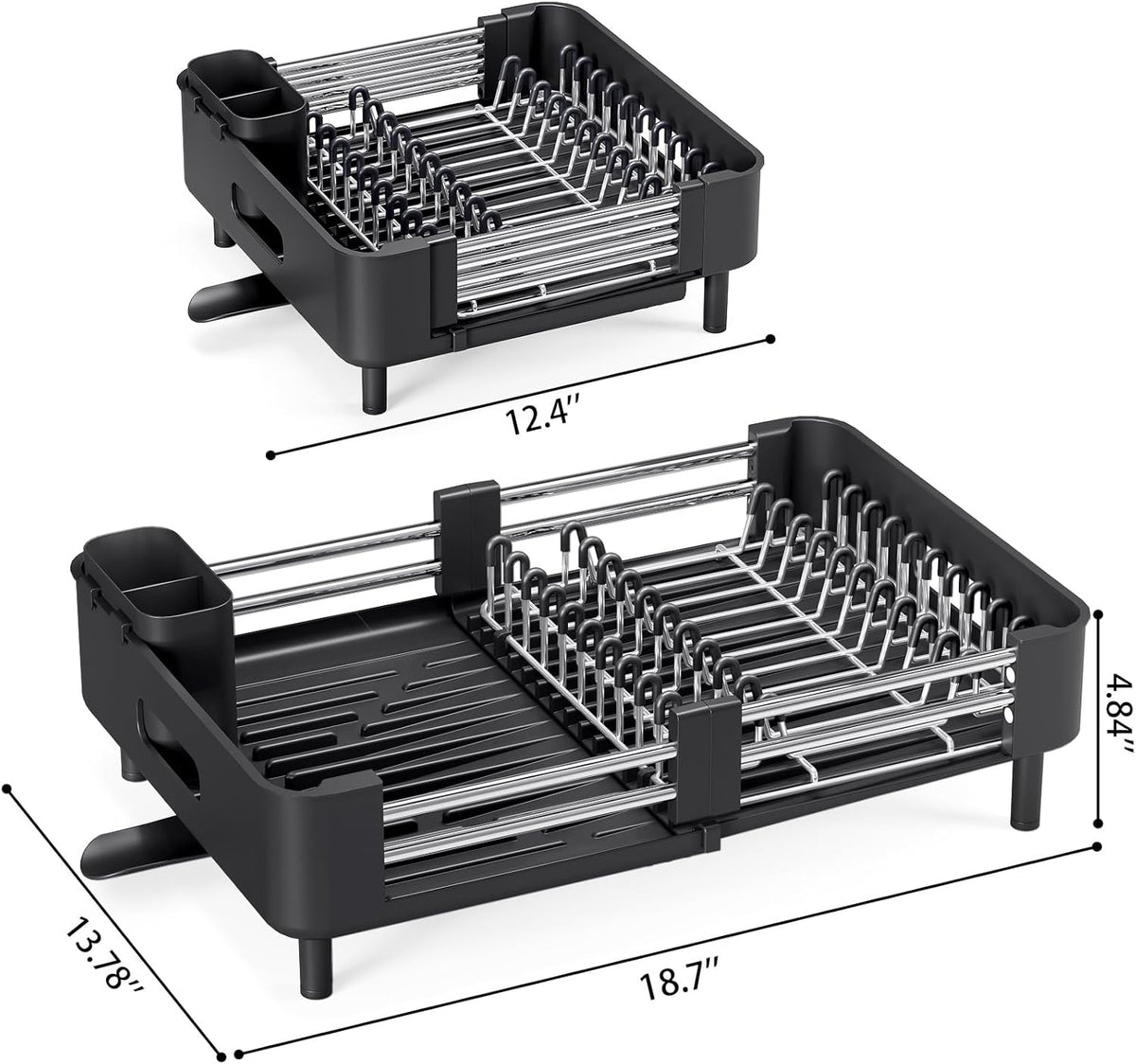 Extendable Stainless Dish Drying Rack for Kitchen Counter | 13.78"W x 18.7"L, Foldable Drainboard for Space Saving, Knife and Utensil Holder, Fast-draining Spout, Dark Slate Teal