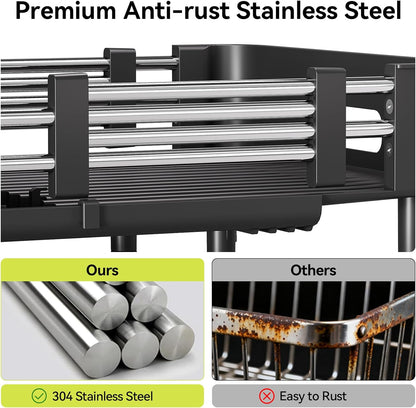 Extendable Stainless Dish Drying Rack for Kitchen Counter | 13.78"W x 18.7"L, Foldable Drainboard for Space Saving, Knife and Utensil Holder, Fast-draining Spout, Dark Slate Teal