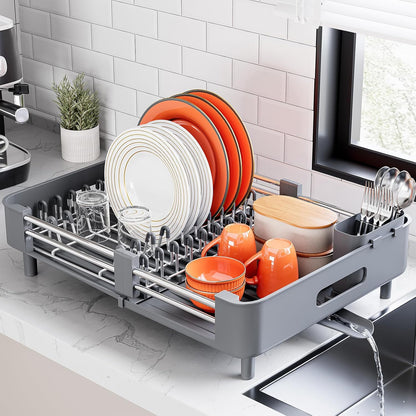 Extendable Stainless Dish Drying Rack for Kitchen Counter | 13.78"W x 18.7"L, Foldable Drainboard for Space Saving, Knife and Utensil Holder, Fast-draining Spout, Dark Slate Teal
