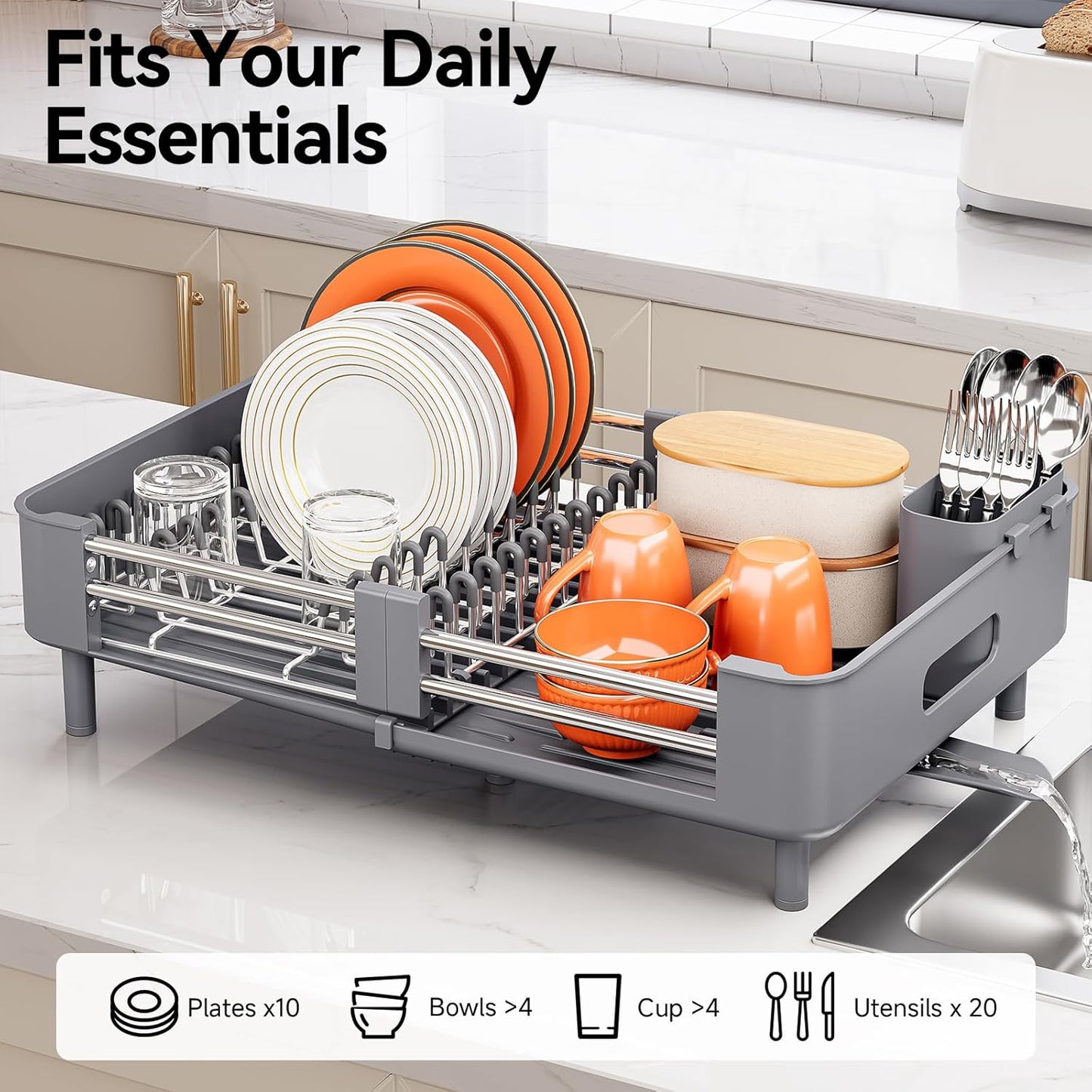 Extendable Stainless Dish Drying Rack for Kitchen Counter | 13.78"W x 18.7"L, Foldable Drainboard for Space Saving, Knife and Utensil Holder, Fast-draining Spout, Dark Slate Teal
