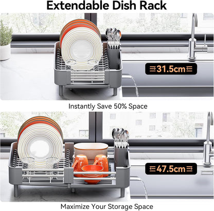 Extendable Stainless Dish Drying Rack for Kitchen Counter | 13.78"W x 18.7"L, Foldable Drainboard for Space Saving, Knife and Utensil Holder, Fast-draining Spout, Dark Slate Teal