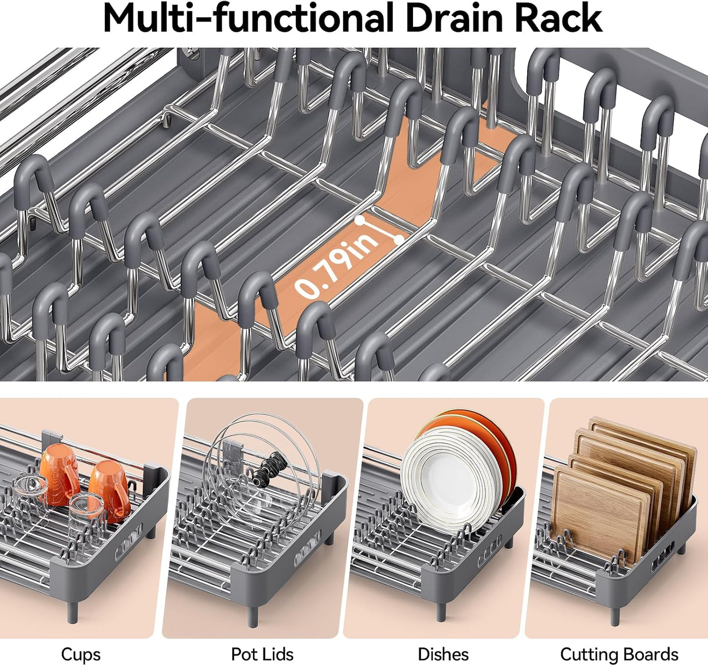 Extendable Stainless Dish Drying Rack for Kitchen Counter | 13.78"W x 18.7"L, Foldable Drainboard for Space Saving, Knife and Utensil Holder, Fast-draining Spout, Dark Slate Teal