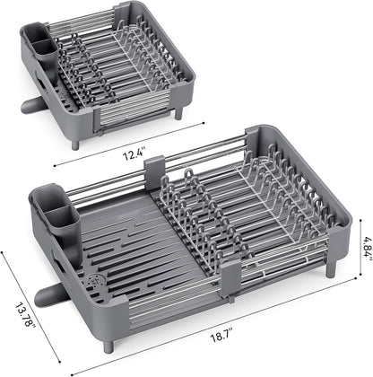 Extendable Stainless Dish Drying Rack for Kitchen Counter | 13.78"W x 18.7"L, Foldable Drainboard for Space Saving, Knife and Utensil Holder, Fast-draining Spout, Dark Slate Teal