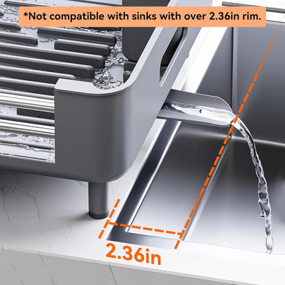 Extendable Stainless Dish Drying Rack for Kitchen Counter | 13.78"W x 18.7"L, Foldable Drainboard for Space Saving, Knife and Utensil Holder, Fast-draining Spout, Dark Slate Teal