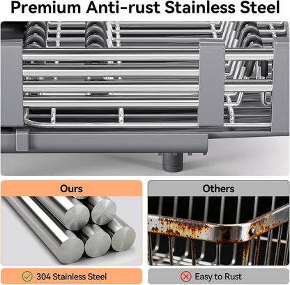 Extendable Stainless Dish Drying Rack for Kitchen Counter | 13.78"W x 18.7"L, Foldable Drainboard for Space Saving, Knife and Utensil Holder, Fast-draining Spout, Dark Slate Teal