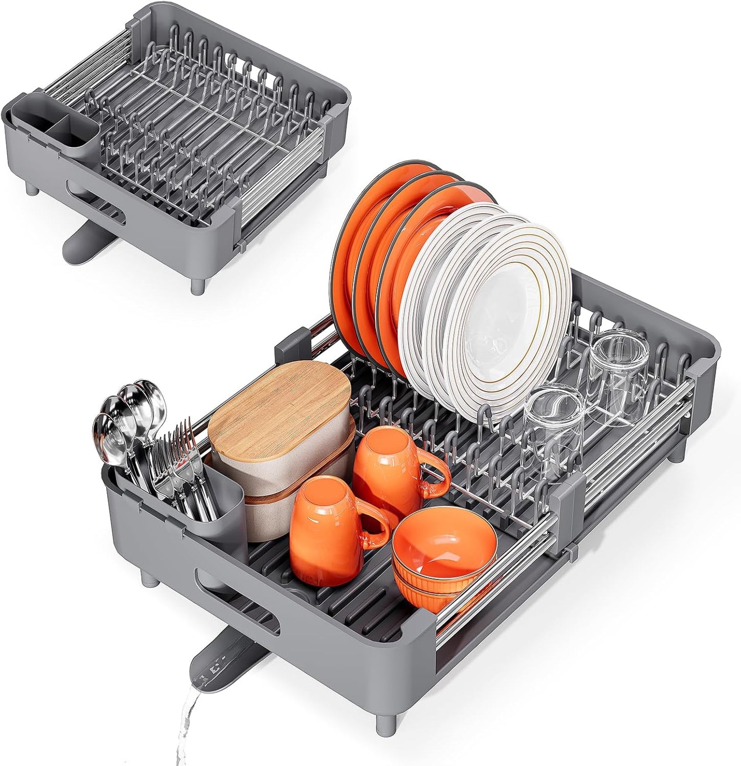 Extendable Stainless Dish Drying Rack for Kitchen Counter | 13.78"W x 18.7"L, Foldable Drainboard for Space Saving, Knife and Utensil Holder, Fast-draining Spout, Dark Slate Teal