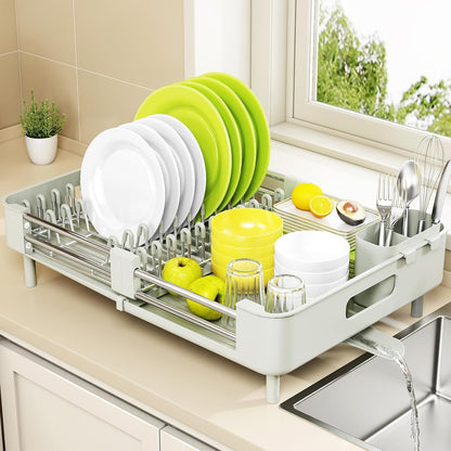 Extendable Stainless Dish Drying Rack for Kitchen Counter | 13.78"W x 18.7"L, Foldable Drainboard for Space Saving, Knife and Utensil Holder, Fast-draining Spout, Dark Slate Teal