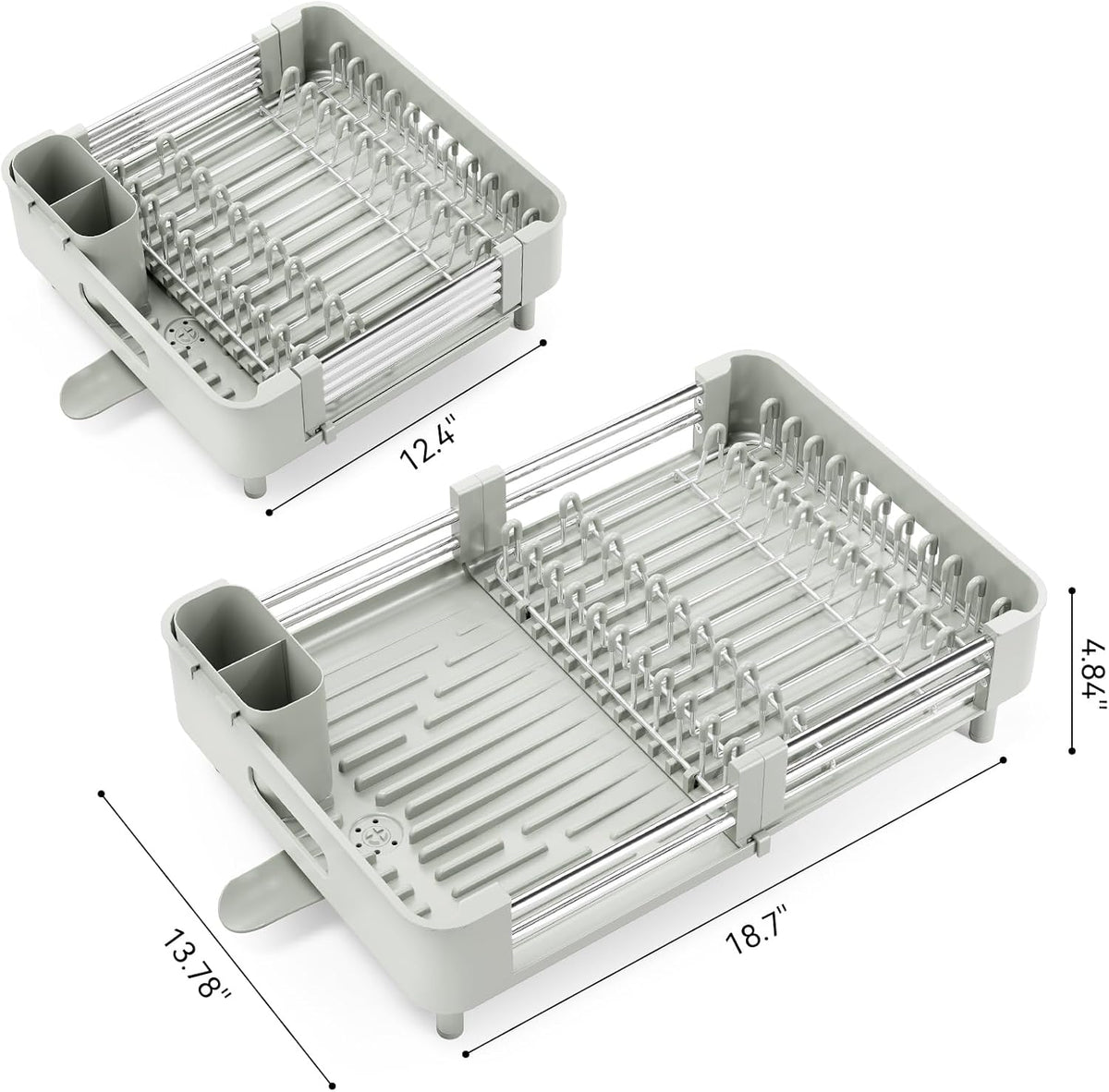 Extendable Stainless Dish Drying Rack for Kitchen Counter | 13.78"W x 18.7"L, Foldable Drainboard for Space Saving, Knife and Utensil Holder, Fast-draining Spout, Dark Slate Teal