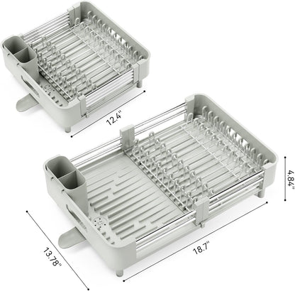 Extendable Stainless Dish Drying Rack for Kitchen Counter | 13.78"W x 18.7"L, Foldable Drainboard for Space Saving, Knife and Utensil Holder, Fast-draining Spout, Dark Slate Teal