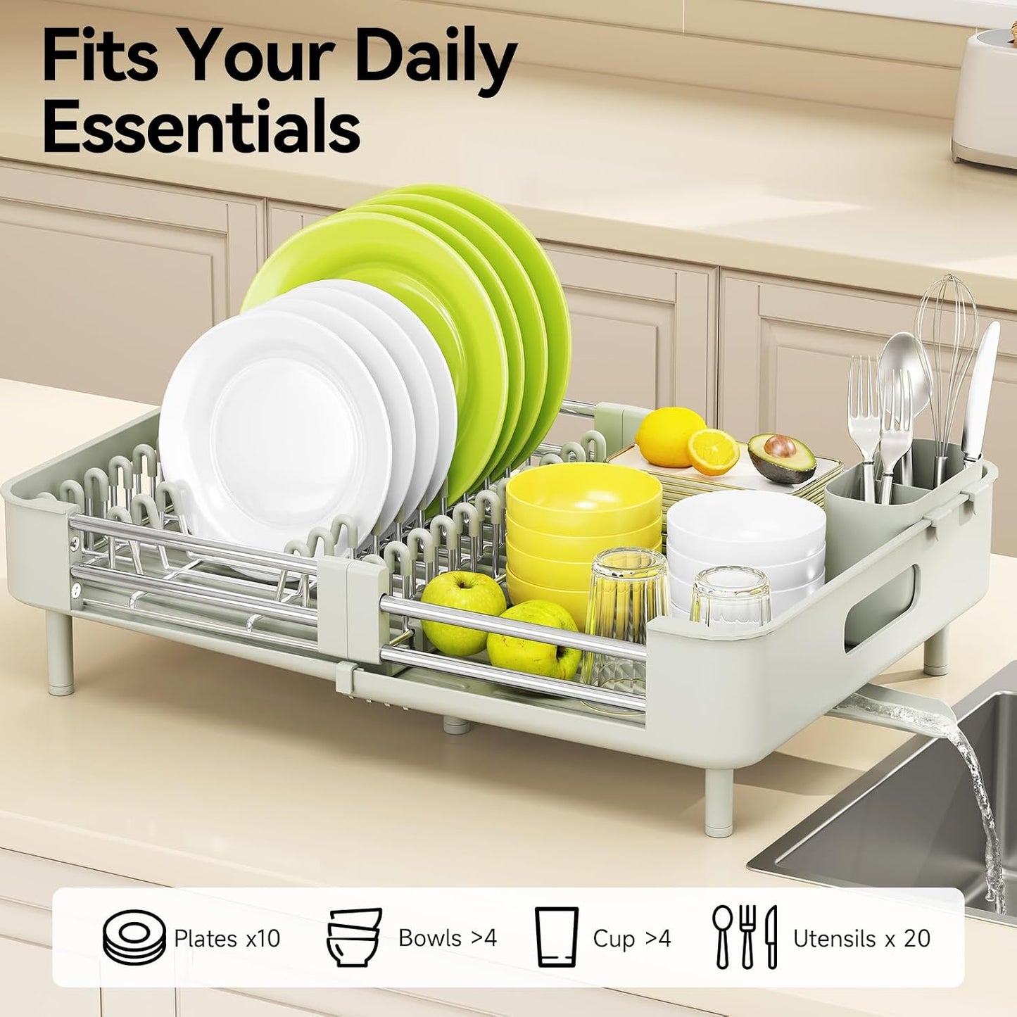 Extendable Stainless Dish Drying Rack for Kitchen Counter | 13.78"W x 18.7"L, Foldable Drainboard for Space Saving, Knife and Utensil Holder, Fast-draining Spout, Dark Slate Teal