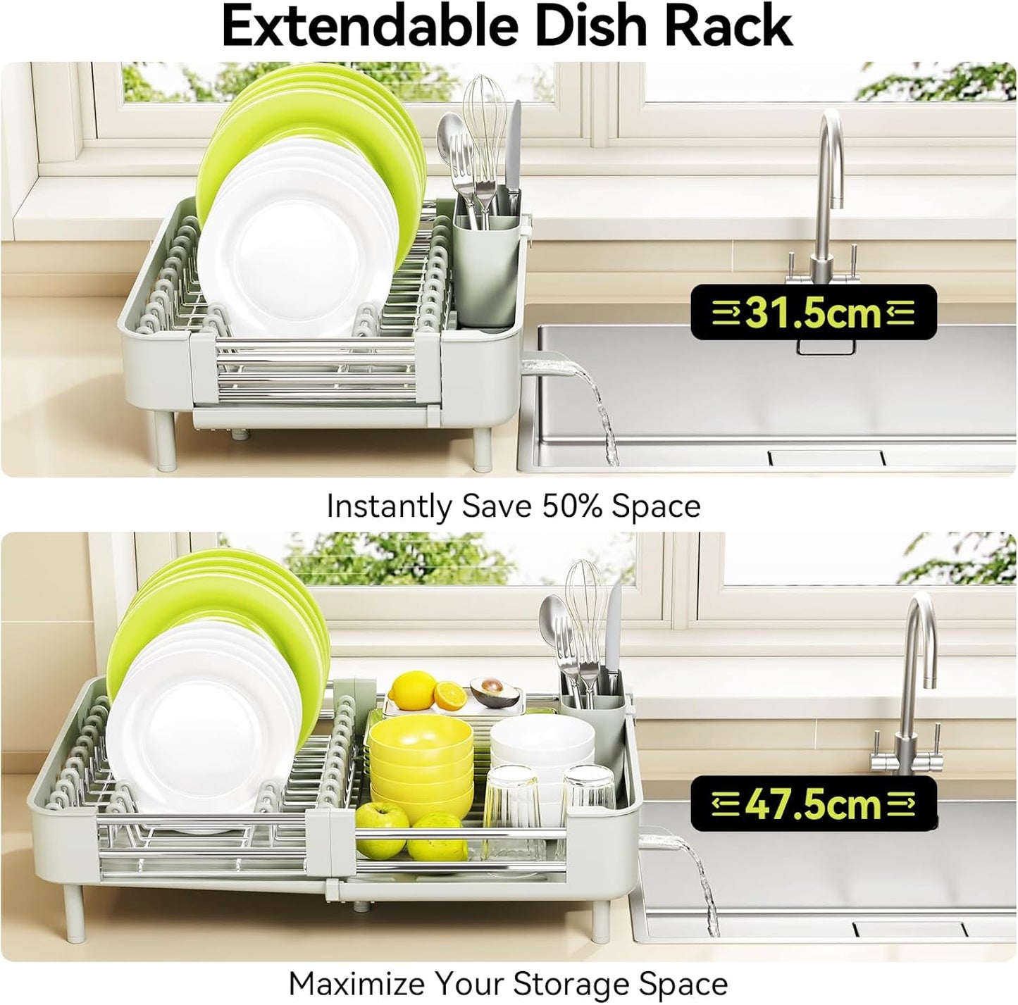 Extendable Stainless Dish Drying Rack for Kitchen Counter | 13.78"W x 18.7"L, Foldable Drainboard for Space Saving, Knife and Utensil Holder, Fast-draining Spout, Dark Slate Teal