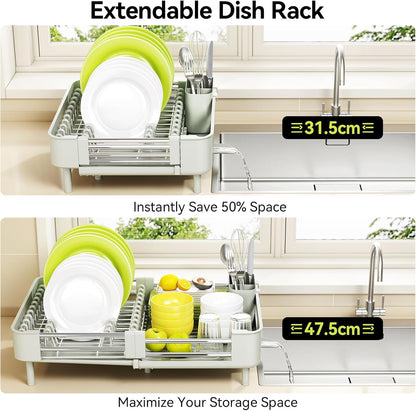 Extendable Stainless Dish Drying Rack for Kitchen Counter | 13.78"W x 18.7"L, Foldable Drainboard for Space Saving, Knife and Utensil Holder, Fast-draining Spout, Dark Slate Teal