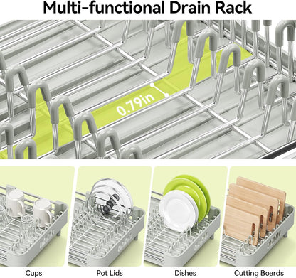 Extendable Stainless Dish Drying Rack for Kitchen Counter | 13.78"W x 18.7"L, Foldable Drainboard for Space Saving, Knife and Utensil Holder, Fast-draining Spout, Dark Slate Teal