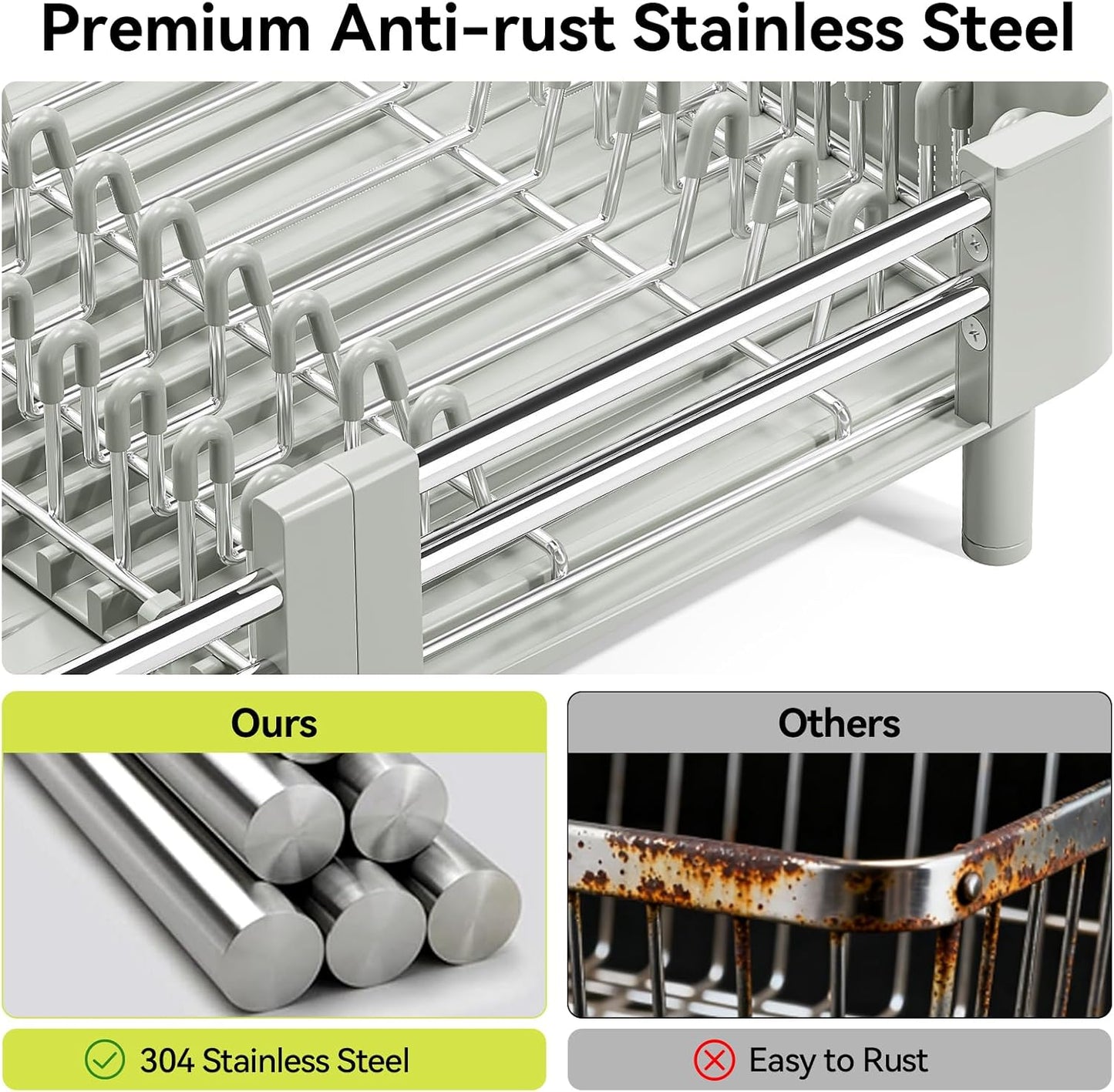 Extendable Stainless Dish Drying Rack for Kitchen Counter | 13.78"W x 18.7"L, Foldable Drainboard for Space Saving, Knife and Utensil Holder, Fast-draining Spout, Dark Slate Teal
