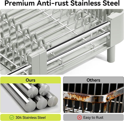 Extendable Stainless Dish Drying Rack for Kitchen Counter | 13.78"W x 18.7"L, Foldable Drainboard for Space Saving, Knife and Utensil Holder, Fast-draining Spout, Dark Slate Teal