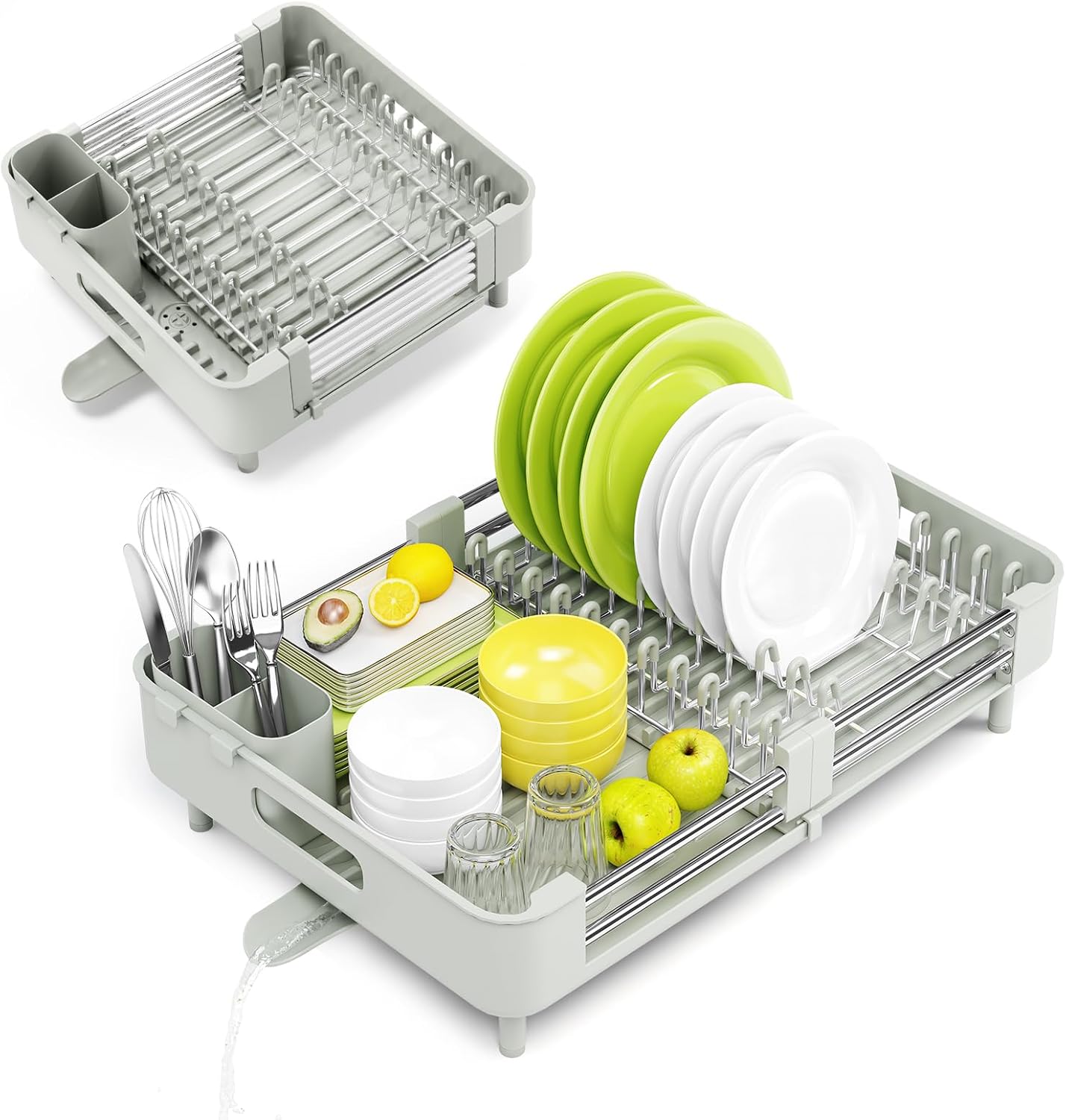 Extendable Stainless Dish Drying Rack for Kitchen Counter | 13.78"W x 18.7"L, Foldable Drainboard for Space Saving, Knife and Utensil Holder, Fast-draining Spout, Dark Slate Teal