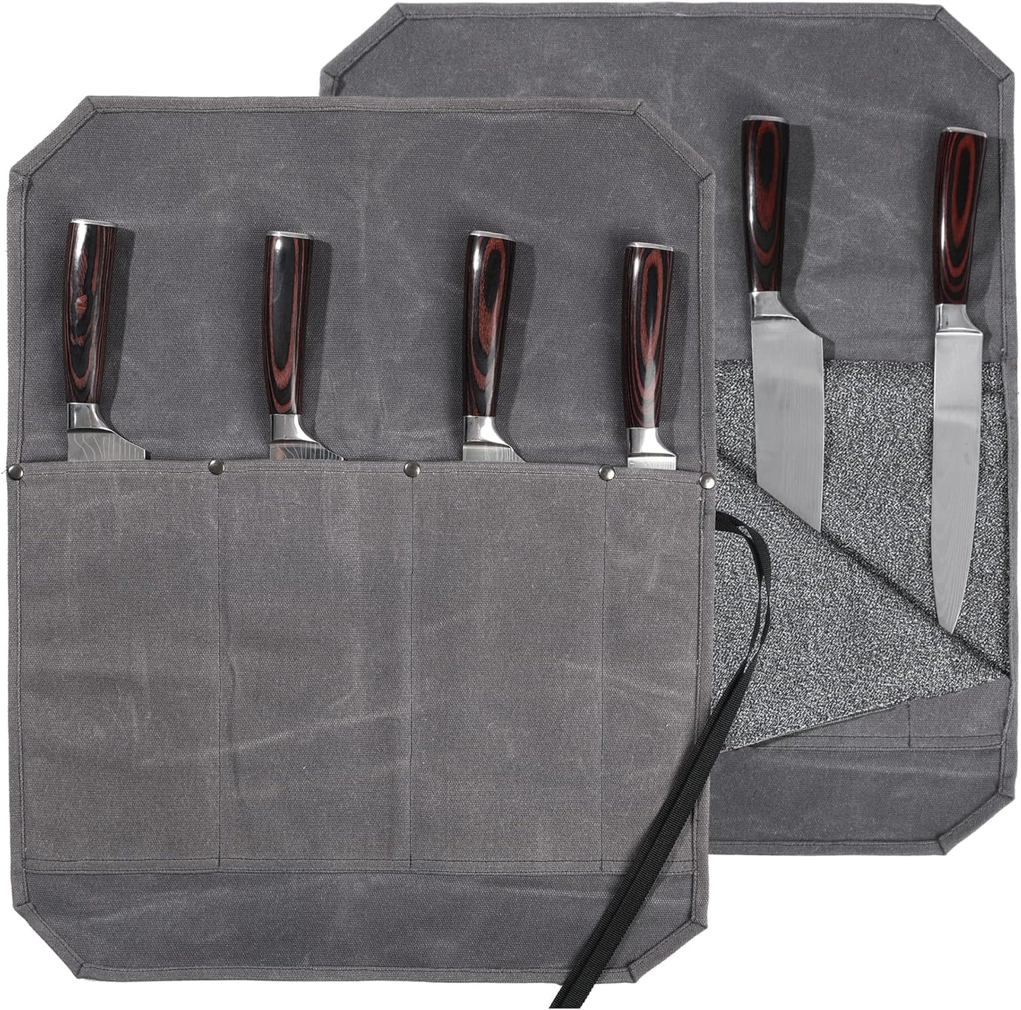 Knife Roll, Professional Chef's Knife Bag with Anti Cutting Fabric Inside & 4 Knife Slots Heavy Duty 20oz Waxed Canvas (Gray)