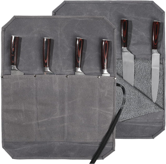 Knife Roll, Professional Chef's Knife Bag with Anti Cutting Fabric Inside & 4 Knife Slots Heavy Duty 20oz Waxed Canvas (Gray)