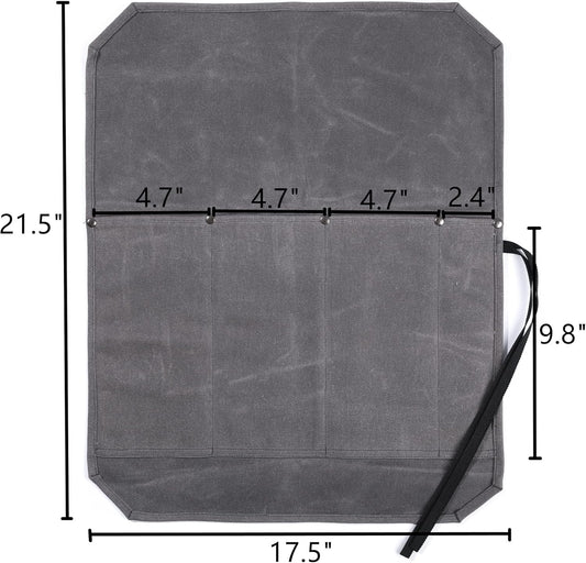 Knife Roll, Professional Chef's Knife Bag with Anti Cutting Fabric Inside & 4 Knife Slots Heavy Duty 20oz Waxed Canvas (Gray)