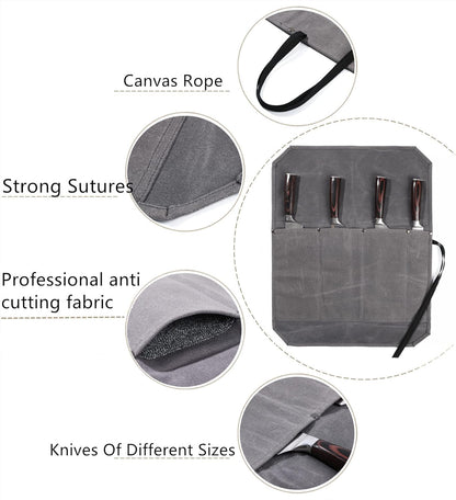 Knife Roll, Professional Chef's Knife Bag with Anti Cutting Fabric Inside & 4 Knife Slots Heavy Duty 20oz Waxed Canvas (Gray)