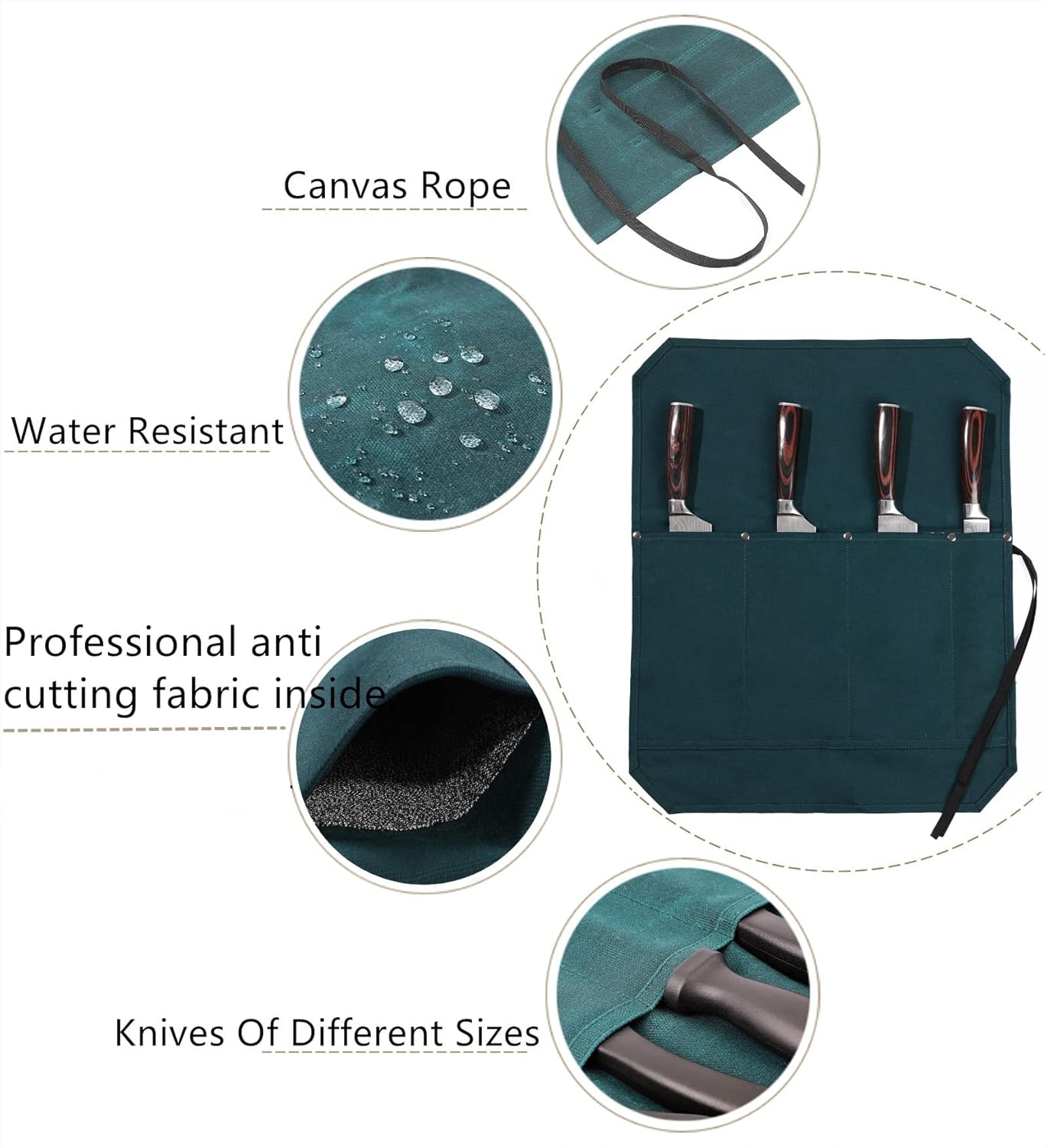 Knife Roll, Professional Chef's Knife Bag with Anti Cutting Fabric Inside & 4 Knife Slots Heavy Duty 20oz Waxed Canvas (Gray)