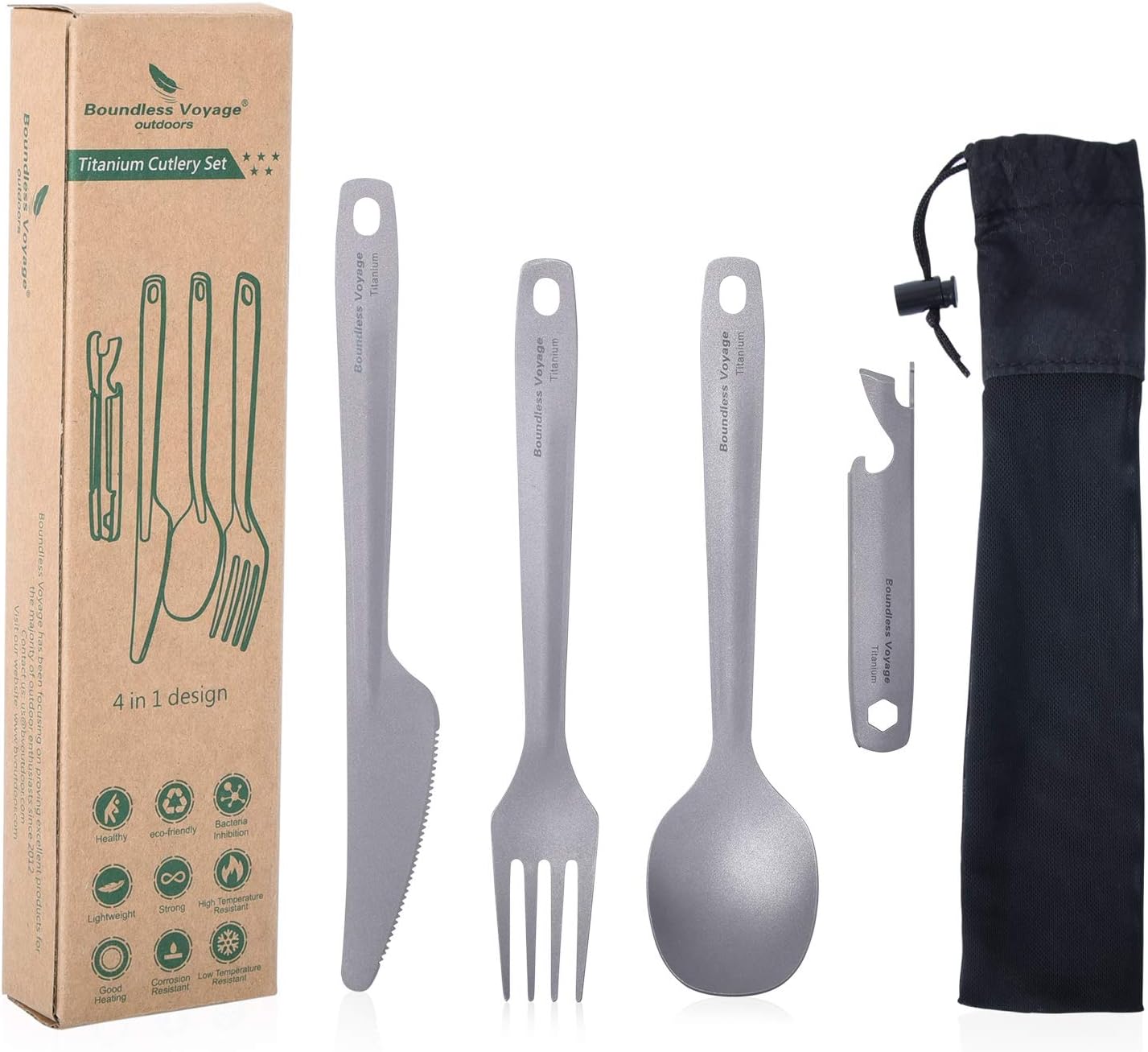 Utility Cutlery Set Titanium Spoon Fork Knife & Bottle Opener for Travel Camping in Easy to Store Cloth Case Ti1066T