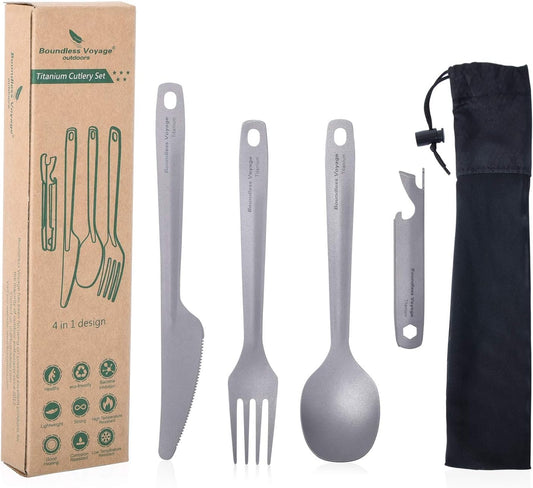 Utility Cutlery Set Titanium Spoon Fork Knife & Bottle Opener for Travel Camping in Easy to Store Cloth Case Ti1066T