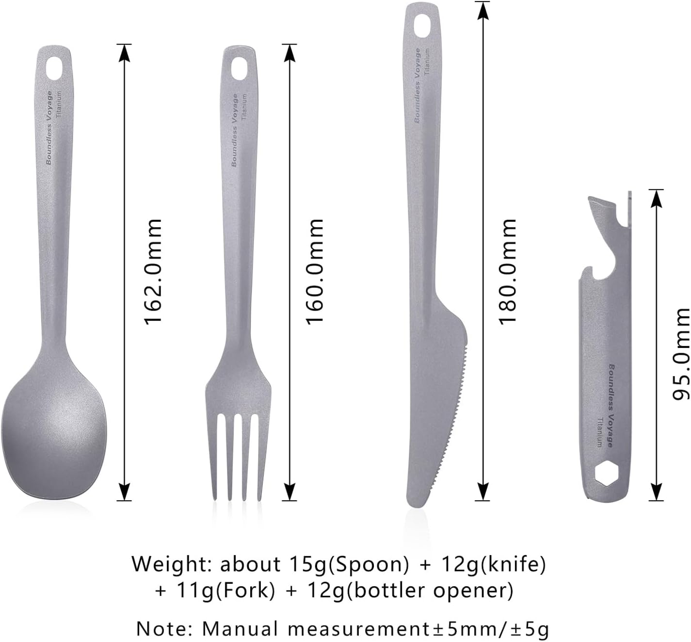 Utility Cutlery Set Titanium Spoon Fork Knife & Bottle Opener for Travel Camping in Easy to Store Cloth Case Ti1066T