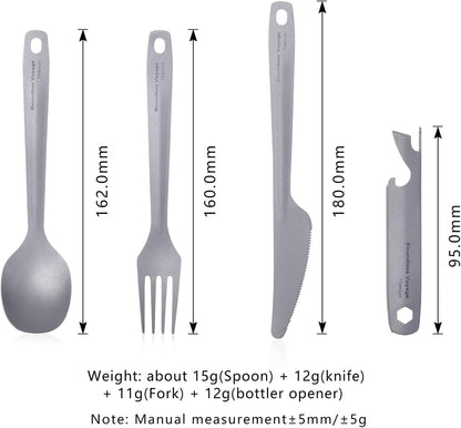 Utility Cutlery Set Titanium Spoon Fork Knife & Bottle Opener for Travel Camping in Easy to Store Cloth Case Ti1066T