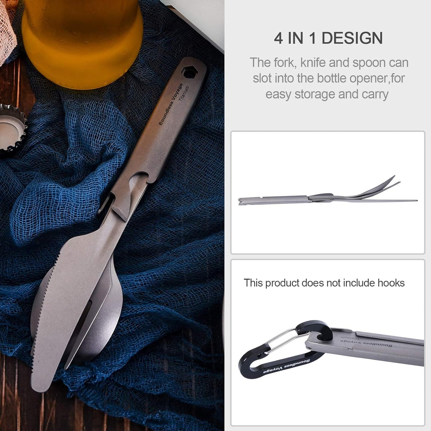 Utility Cutlery Set Titanium Spoon Fork Knife & Bottle Opener for Travel Camping in Easy to Store Cloth Case Ti1066T