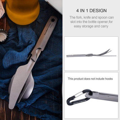 Utility Cutlery Set Titanium Spoon Fork Knife & Bottle Opener for Travel Camping in Easy to Store Cloth Case Ti1066T