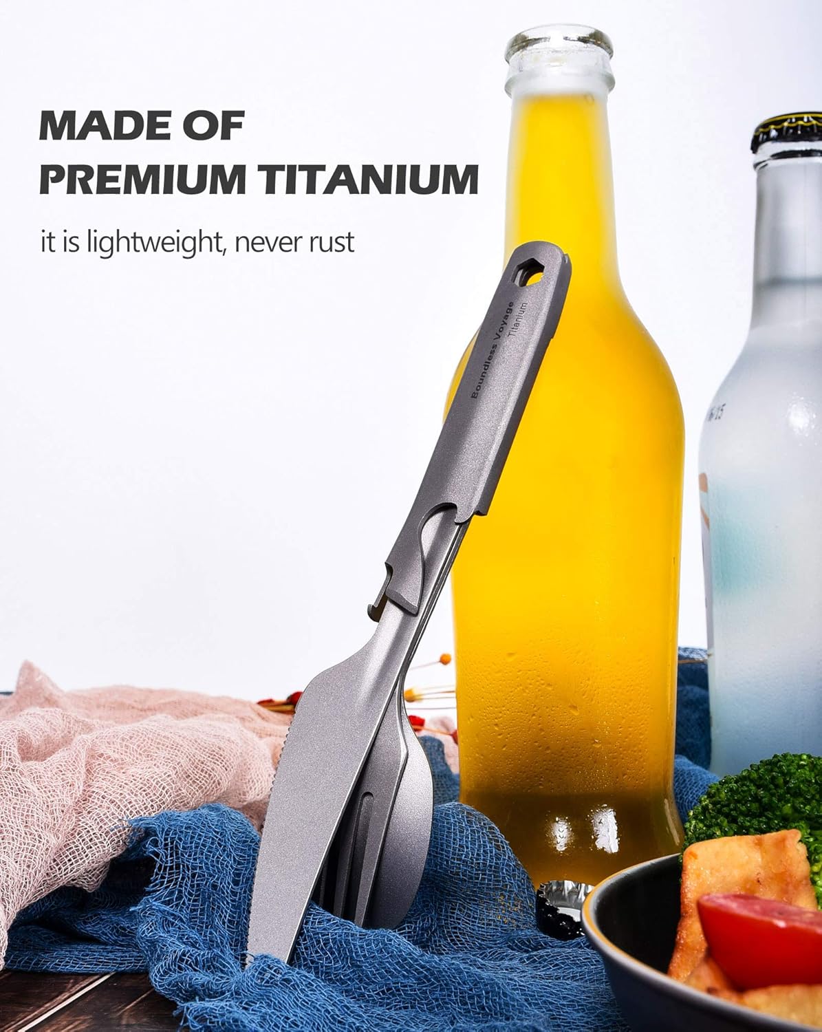 Utility Cutlery Set Titanium Spoon Fork Knife & Bottle Opener for Travel Camping in Easy to Store Cloth Case Ti1066T