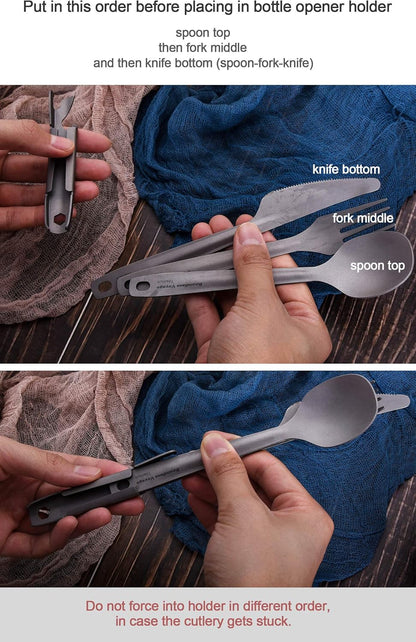 Utility Cutlery Set Titanium Spoon Fork Knife & Bottle Opener for Travel Camping in Easy to Store Cloth Case Ti1066T