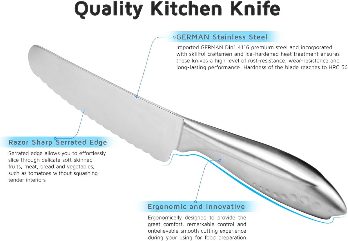 Sandwich Knife, 6 Inch Serrated Utility Knife - High Carbon Stainless Steel Blade for Bread, Vegetable, Meat Cutting, Butter Spreading - Silver