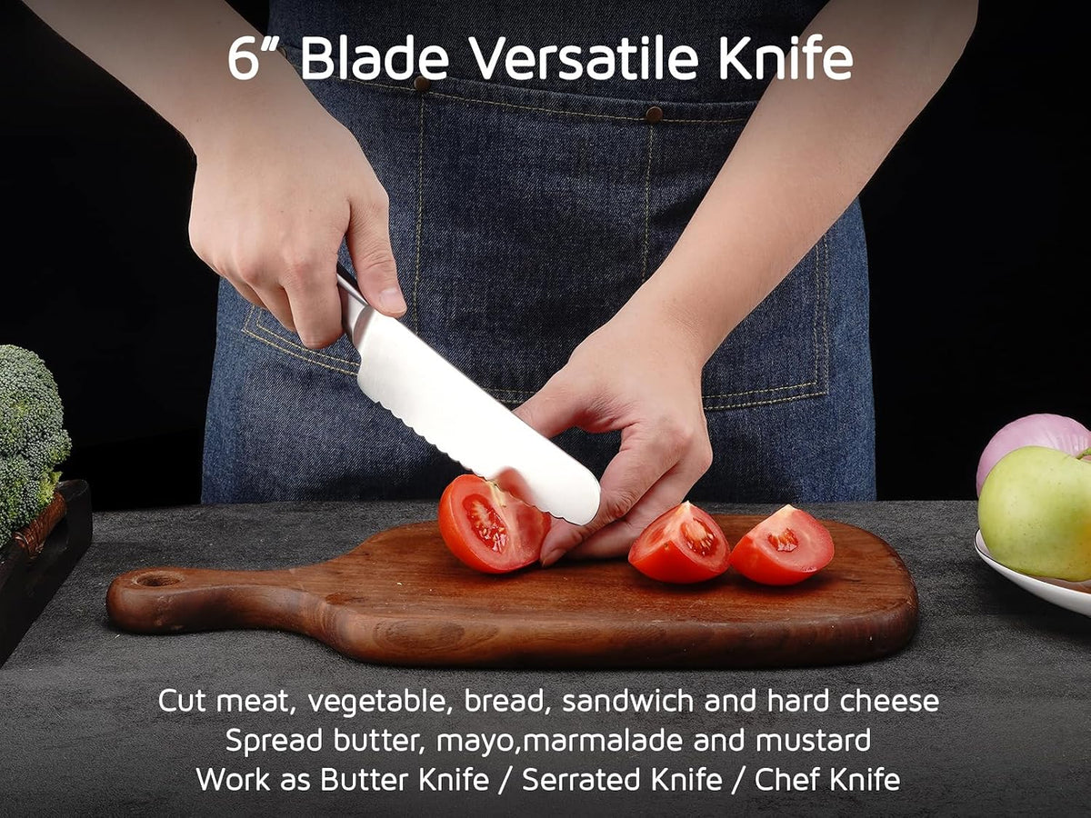 Sandwich Knife, 6 Inch Serrated Utility Knife - High Carbon Stainless Steel Blade for Bread, Vegetable, Meat Cutting, Butter Spreading - Silver