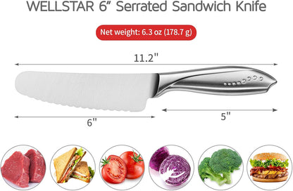 Sandwich Knife, 6 Inch Serrated Utility Knife - High Carbon Stainless Steel Blade for Bread, Vegetable, Meat Cutting, Butter Spreading - Silver