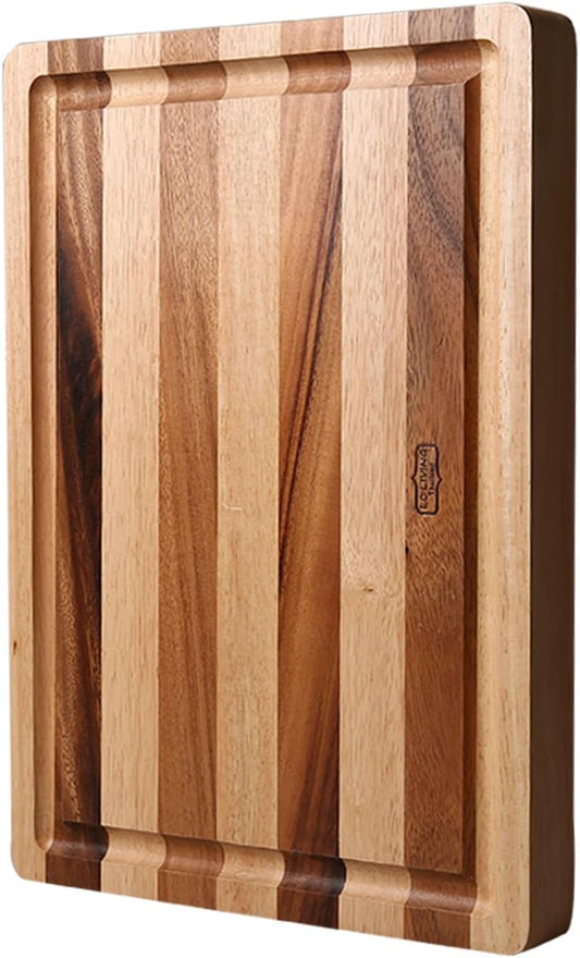 Thai End Grain Acacia Wood Striped Rectangular Butcher Board with Groove, best for chopping serving butcher board, prep station, kitchen deco, cheese, meat, bread, veggies & fruits, 19"x14"