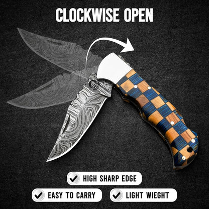 Damascus Steel Pocket Knife with Clip and Leather Sheath - EDC Knives for Outdoor and Camping Activities, Handmade Folding Knife, Free Sharpner (Chess foldable)