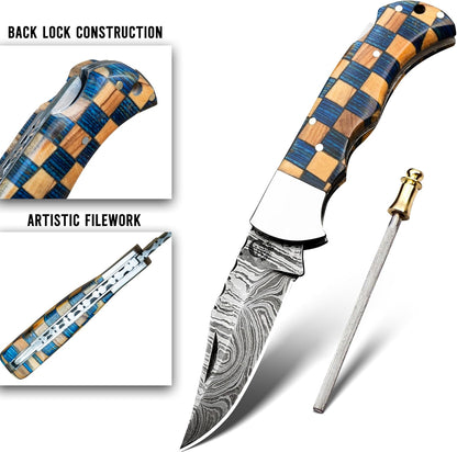 Damascus Steel Pocket Knife with Clip and Leather Sheath - EDC Knives for Outdoor and Camping Activities, Handmade Folding Knife, Free Sharpner (Chess foldable)