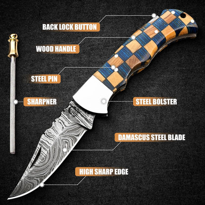 Damascus Steel Pocket Knife with Clip and Leather Sheath - EDC Knives for Outdoor and Camping Activities, Handmade Folding Knife, Free Sharpner (Chess foldable)