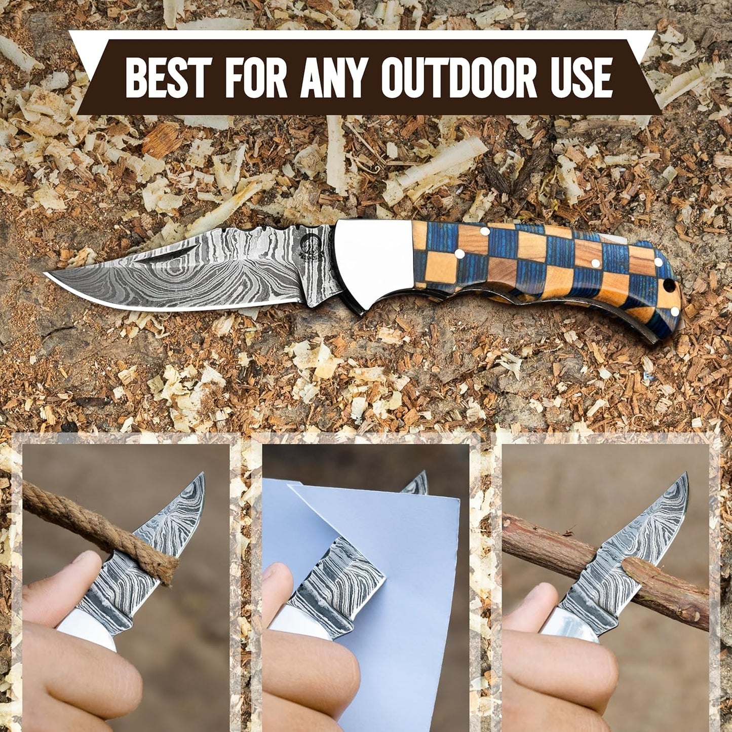 Damascus Steel Pocket Knife with Clip and Leather Sheath - EDC Knives for Outdoor and Camping Activities, Handmade Folding Knife, Free Sharpner (Chess foldable)