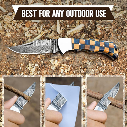 Damascus Steel Pocket Knife with Clip and Leather Sheath - EDC Knives for Outdoor and Camping Activities, Handmade Folding Knife, Free Sharpner (Chess foldable)