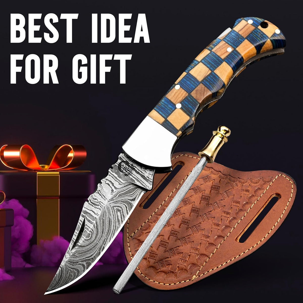 Damascus Steel Pocket Knife with Clip and Leather Sheath - EDC Knives for Outdoor and Camping Activities, Handmade Folding Knife, Free Sharpner (Chess foldable)